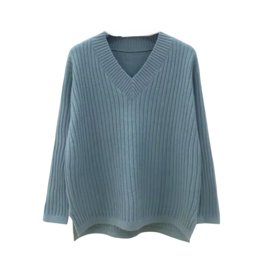 Damen V-Ausschnitt Strickpullover mit feiner Rippstruktur und lässigem Schnitt EB