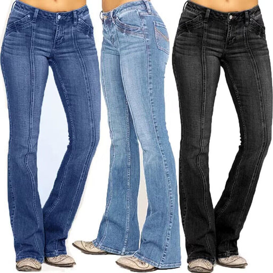 Damen nan weite Schlagjeans mit hochgeschnittener Taille, figurbetontem Hüftschnitt und elastischem Denim EB