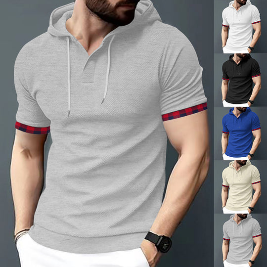 Herren nan figurbetontes Kurzarm-Kapuzenpoloshirt mit Henley-Blende und Kordelzug EB