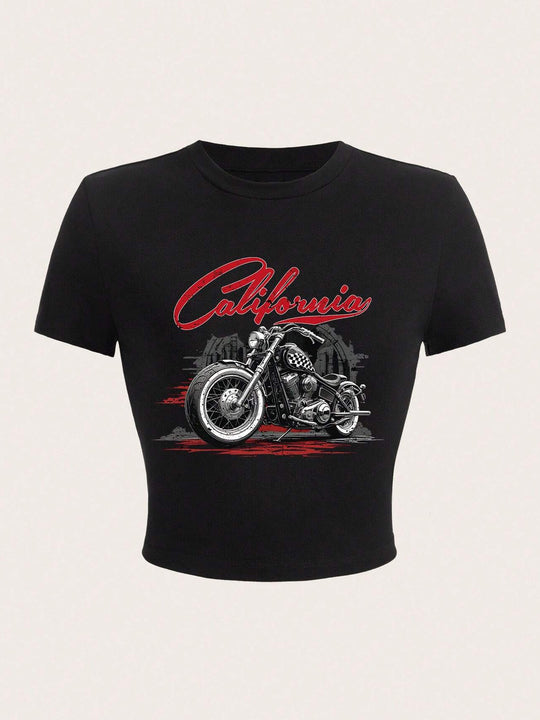 Damen Kurzarm T-Shirt mit auffälligem Motorrad-Design EB