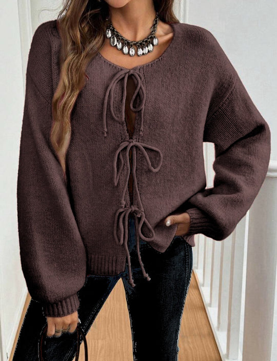 Damen Kurzcardigan mit Bindebändern, Oversize‑Silhouette und Ballonärmeln EB