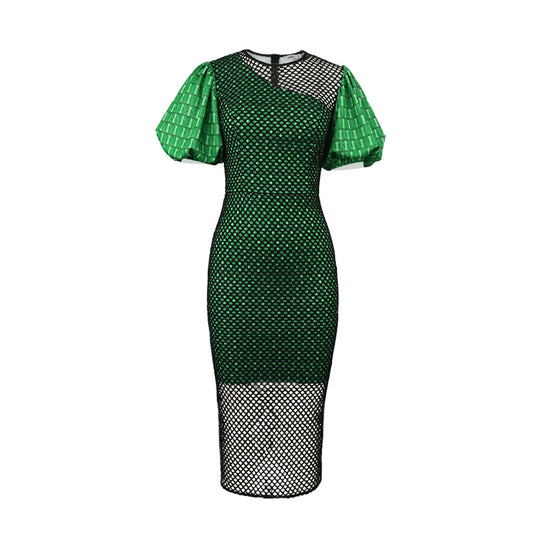 Damen figurbetontes Kleid mit innovativem Netzdesign und voluminösen Puffärmeln EB