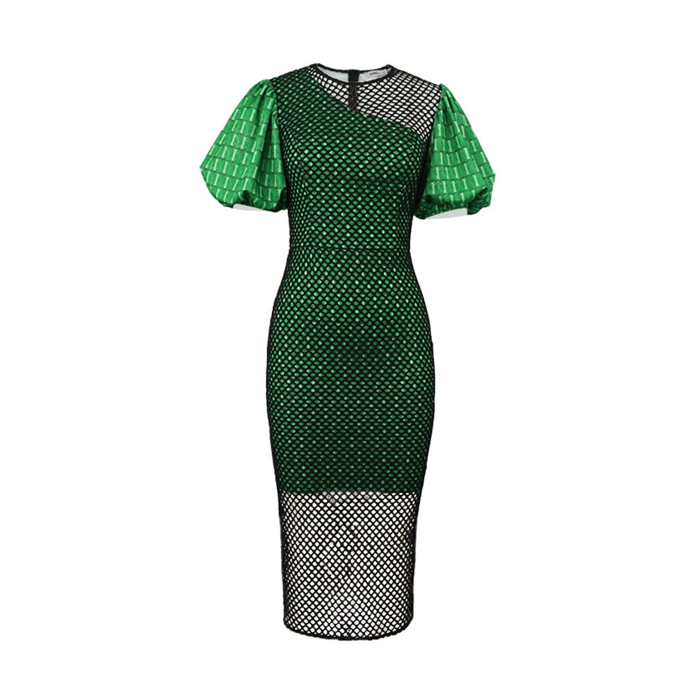 Damen figurbetontes Netzkleid mit Puffärmeln EB
