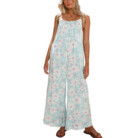 Damen luftiges Sommer-Jumpsuit mit Blumendruck und verstellbaren Trägern EB