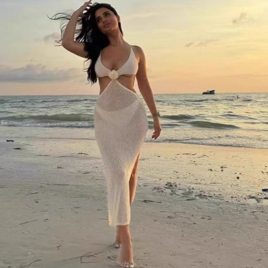 Damen Transparentes Strandkleid mit tiefem V-Ausschnitt EB