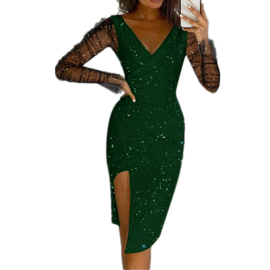 Damen elegantes Abendkleid mit transparenten Ärmeln und seitlichem Schlitz EB