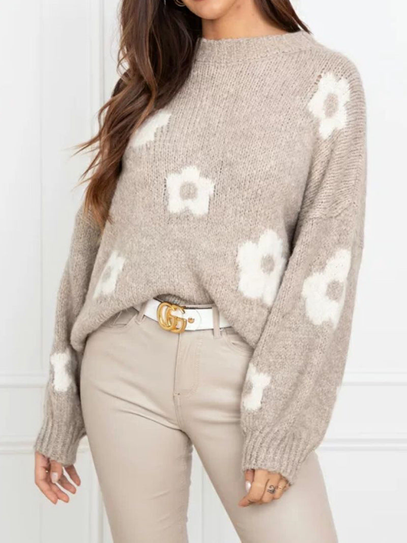 Damen gemütlicher Strickpullover mit floralem Muster EB