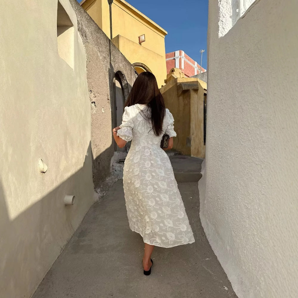 Damen Maxikleid mit floralem Bestickungsdesign und eleganten Puffärmeln EB
