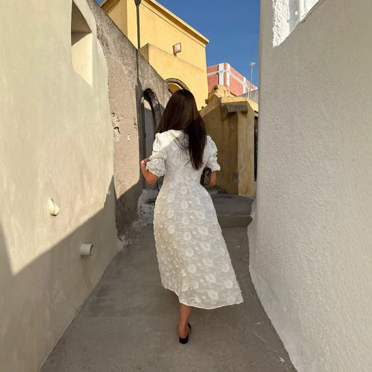 Damen Maxikleid mit floralem Bestickungsdesign und eleganten Puffärmeln EB