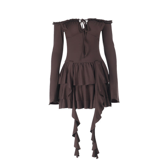 Damen elegantes Kleid mit Rüschendetails und langen Ärmeln EB