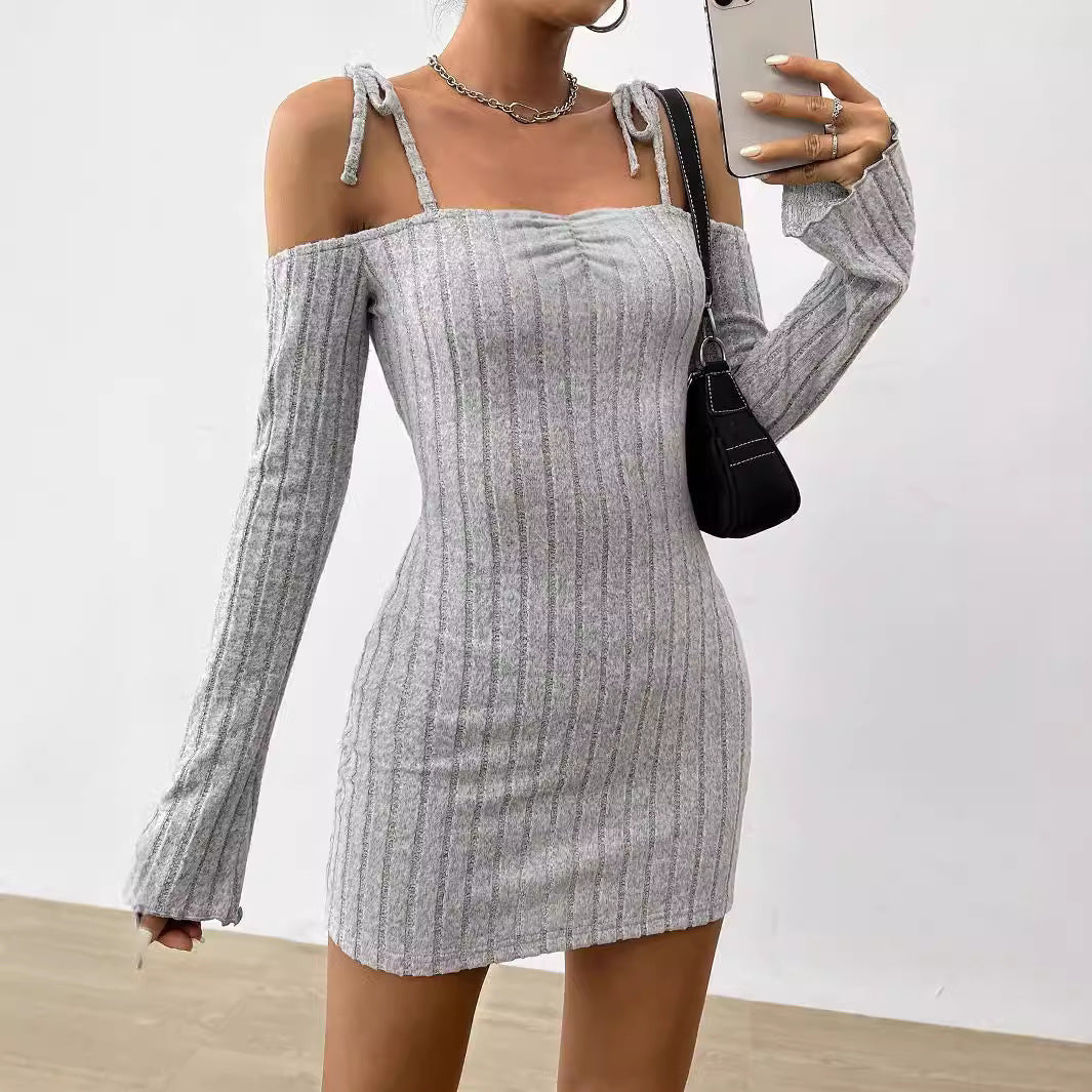 Damen geripptes One-Shoulder-Strickminikleid mit Bindeträgern taillierter Bodycon-Passform Eichborn Berlin