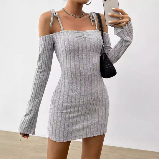 Damen geripptes One-Shoulder-Strickminikleid mit Bindeträgern taillierter Bodycon-Passform Eichborn Berlin