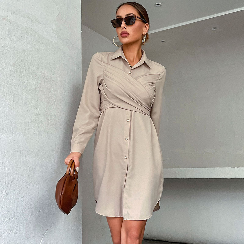Damen Hemdblusenkleid mit eleganter Wickeloptik und modischen Knöpfen EB