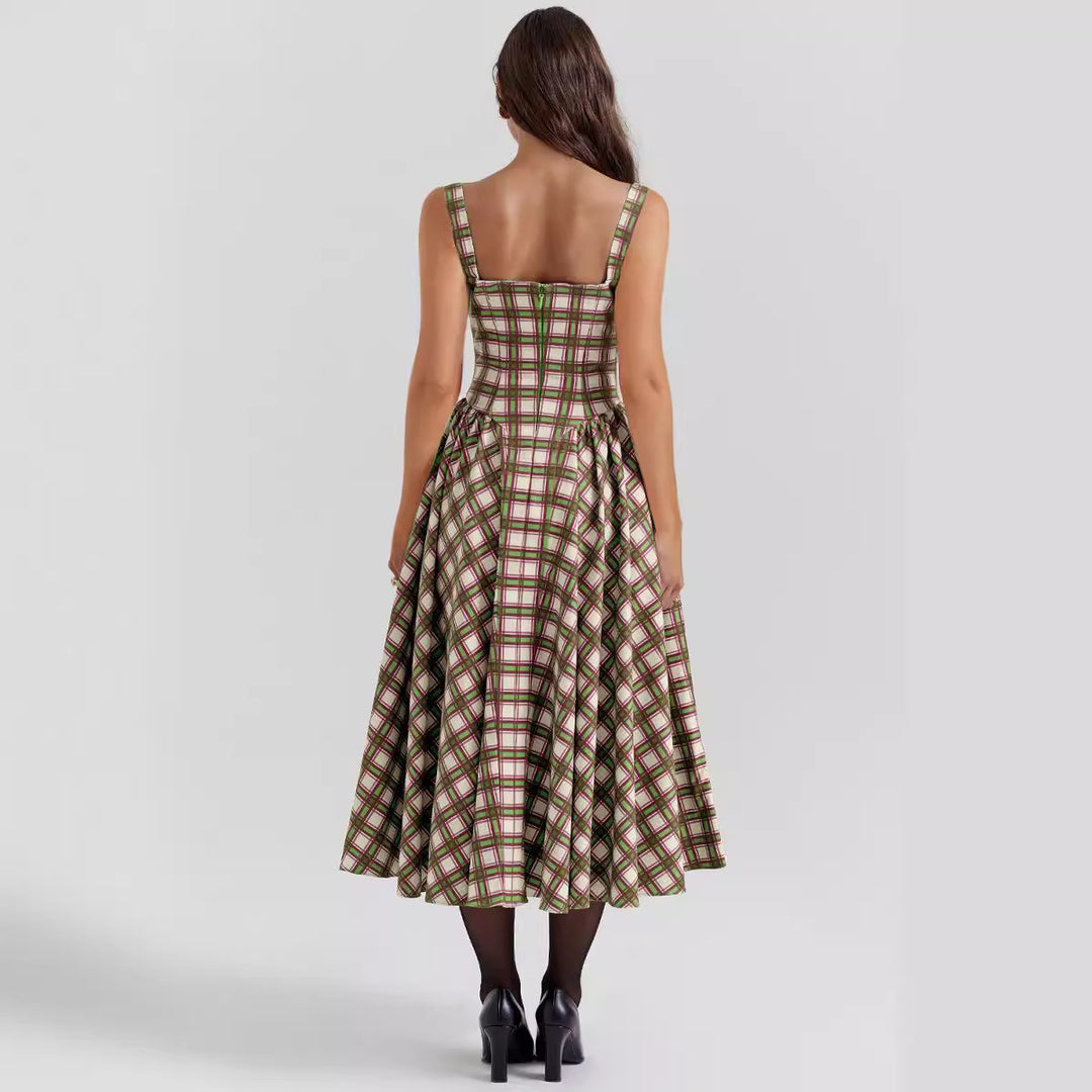 Damen Midikleid im Karomuster mit strukturiertem Oberteil und voluminösem Rock EB