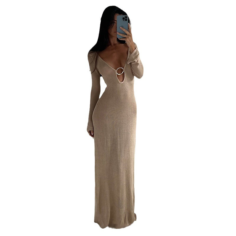 Damen Netz-Strandkleid mit tiefem V-Ausschnitt und einzigartigem Ringdetail EB