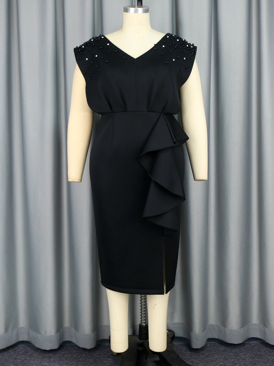 Damen elegantes Wickelkleid mit schimmernden Perlen und asymmetrischem Rüschensaum EB