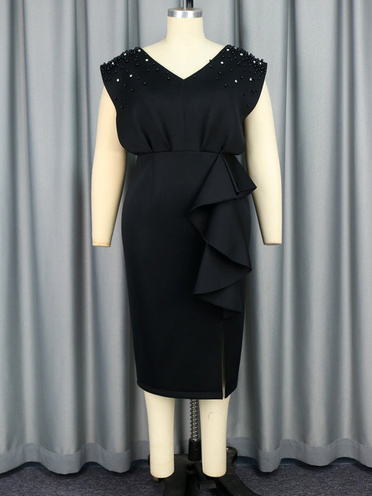 Damen elegantes Wickelkleid mit schimmernden Perlen und asymmetrischem Rüschensaum EB