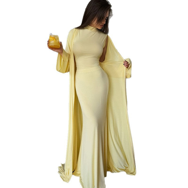 Damen elegantes Maxikleid mit weitem Cape und langen Ärmeln EB