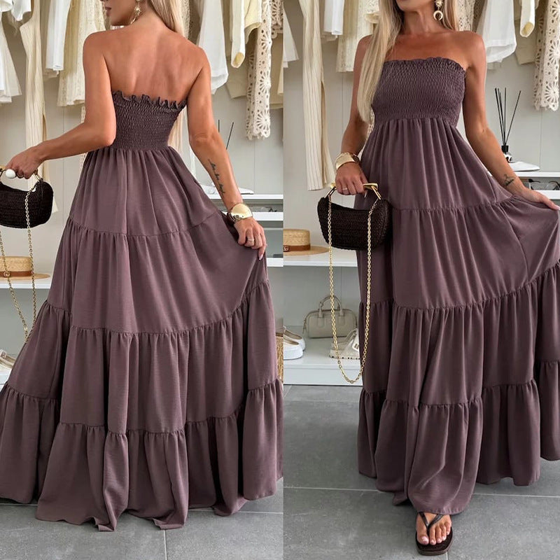 Damen Maxi-Kleid mit Smocked-Oberteil und voluminösen Rüschen EB
