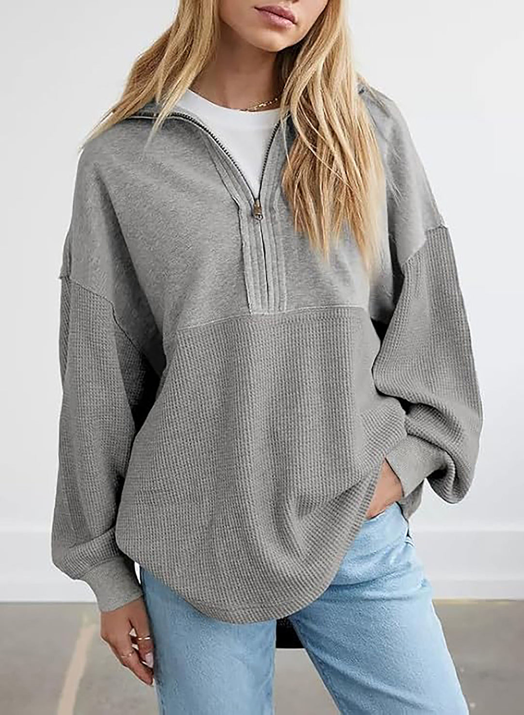 Damen lässiger Kapuzenpullover mit halblangem Reißverschluss und strukturiertem Material EB