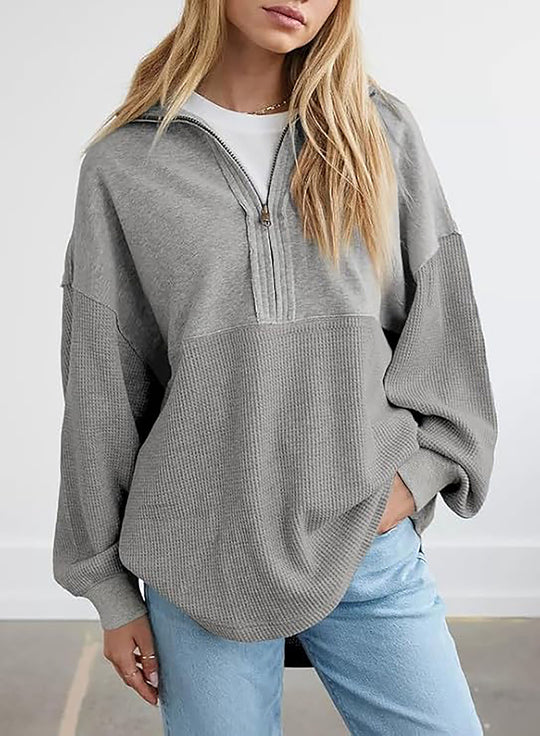Damen lässiger Kapuzenpullover mit halblangem Reißverschluss und strukturiertem Material EB