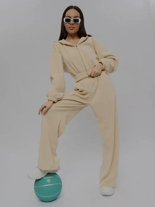 Damen Velours-Loungewear-Set mit kurzem Reißverschluss-Hoodie und weiter hochgeschnittener Palazzohose EB