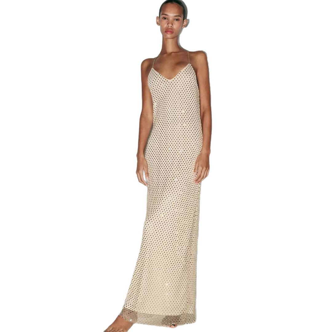 Damen Elegantes Maxikleid mit raffinierten Netzdetails und schmalen Spaghettiträgern EB