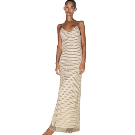 Damen Elegantes Maxikleid mit raffinierten Netzdetails und schmalen Spaghettiträgern EB