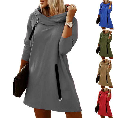 Damen modisches Sweatkleid mit großzügigem Kragen und Taschen EB