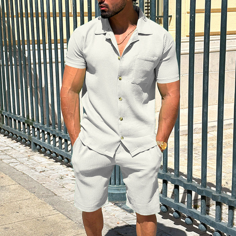 Herren nan lässiges zweiteiliges Freizeitset aus geripptem Jersey mit Hemdkragen Knopfleiste und Shorts EB