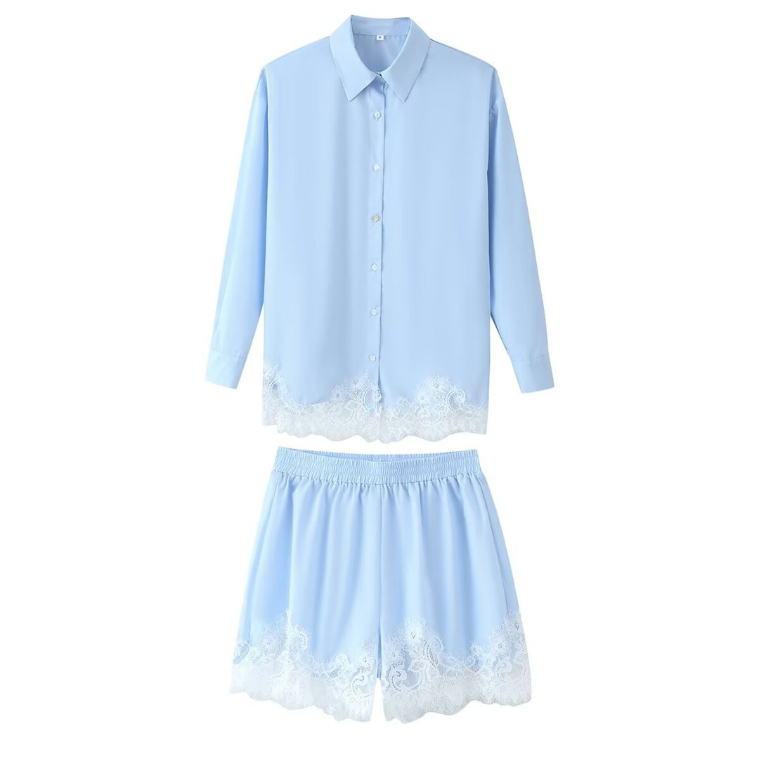 Damen nan zweiteiliges Satin-Pyjama-Set mit Hemdbluse, Gummibund-Shorts und Spitzenbesatz EB