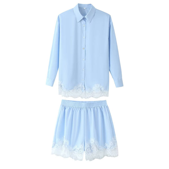 Damen nan zweiteiliges Satin-Pyjama-Set mit Hemdbluse, Gummibund-Shorts und Spitzenbesatz EB