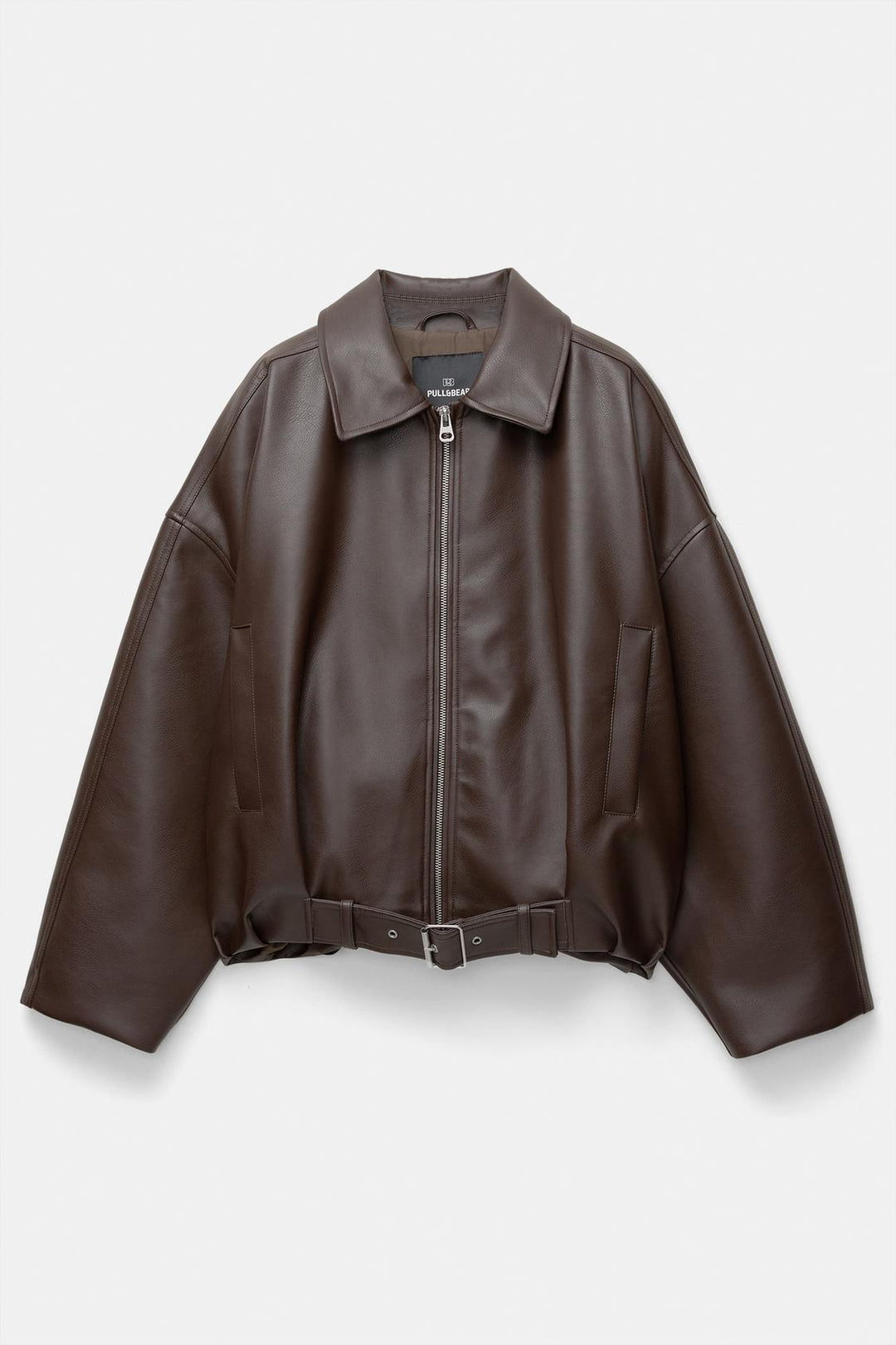 Damen nan kurz geschnittene Kunstlederjacke mit durchgehendem Reißverschluss und taillierendem Gürtel EB