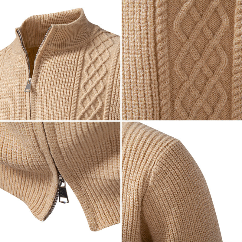 Herren nan Zip-Strickjacke mit dekorativem Zopfmuster, Stehkragen und elastischen Bündchen EB