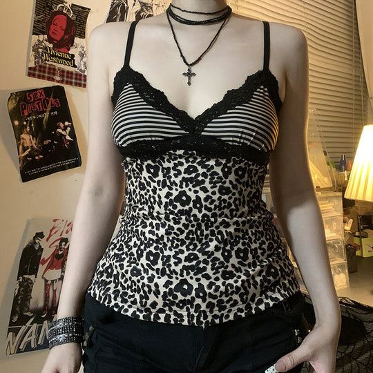 Damen Spaghetti-Trägertop mit elegantem Spitzenbesatz und modernem Leopardenmuster EB