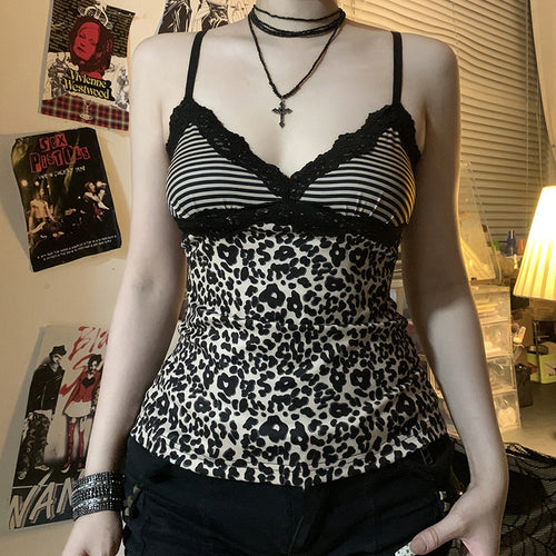 Damen Spaghetti-Trägertop mit elegantem Spitzenbesatz und modernem Leopardenmuster EB