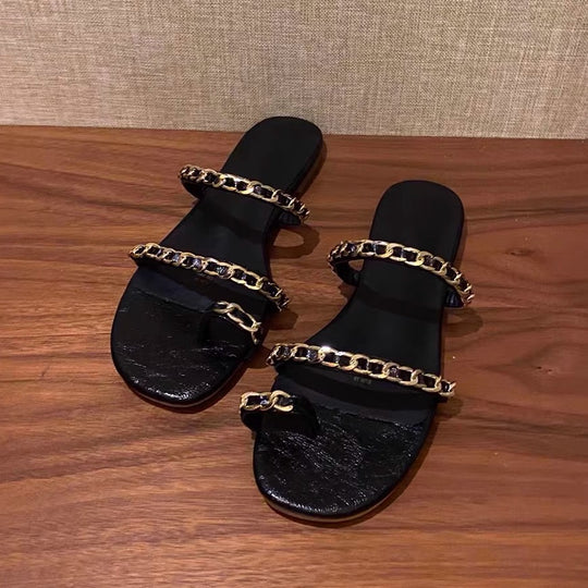 Damen elegante Zehentrenner-Sandalen mit modischen Gliederketten-Details EB