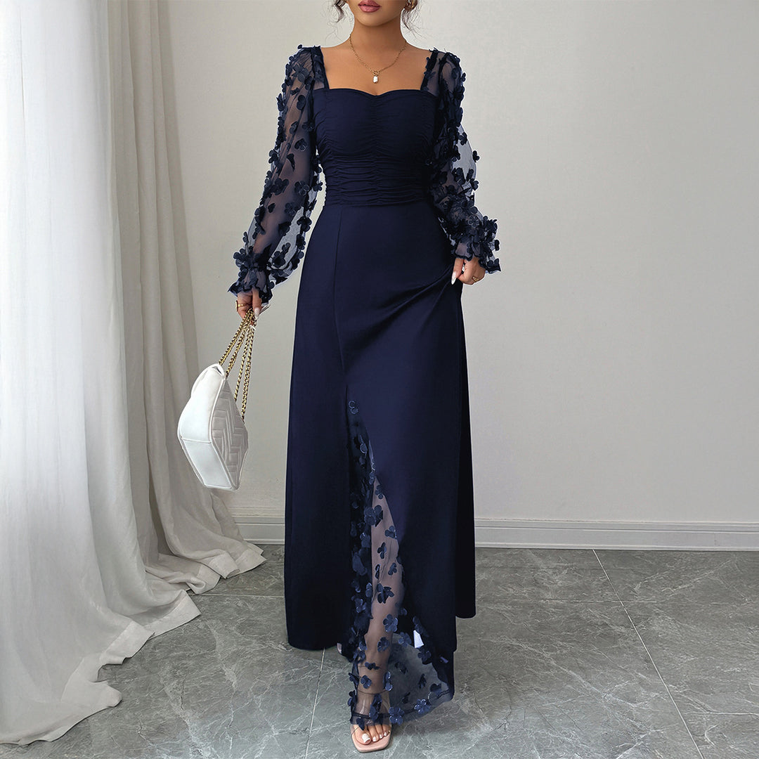 Damen Elegantes Maxikleid mit raffinierten Rüschendetails und transparenter Unterlage EB