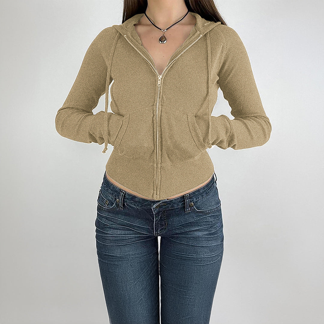 Damen nan schmal geschnittene Feinstrick-Hoodiejacke mit Metallzipper, Kängurutaschen und Daumenlochbündchen EB