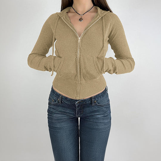 Damen nan schmal geschnittene Feinstrick-Hoodiejacke mit Metallzipper, Kängurutaschen und Daumenlochbündchen EB