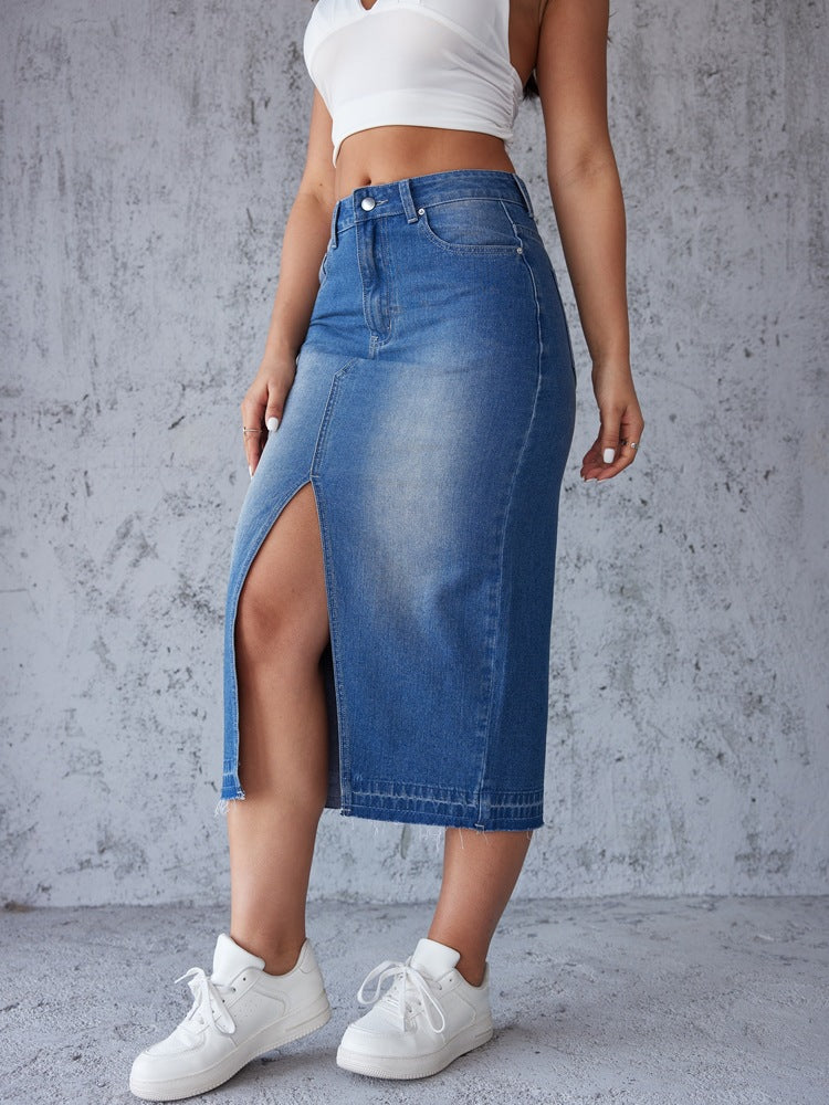 Damen nan figurbetonter Highwaist-Denim-Bleistiftrock mit vorderlichem Oberschenkelschlitz und rohem Saum EB