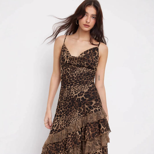 Damen elegantes Midikleid mit asymmetrischem Volant und Animal-Print EB