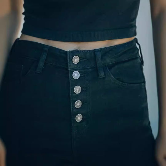 Damen Hochtaillierte Skinny Jeans mit knöpfbarem Bund und figurbetontem Schnitt EB