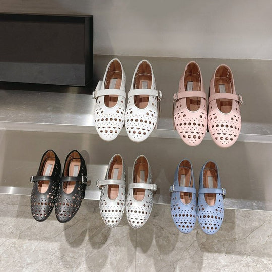 Damen elegante Ballerinas im modischen Lochdesign mit verstellbarem Riemen EB