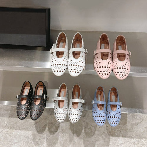 Damen elegante Ballerinas im modischen Lochdesign mit verstellbarem Riemen EB