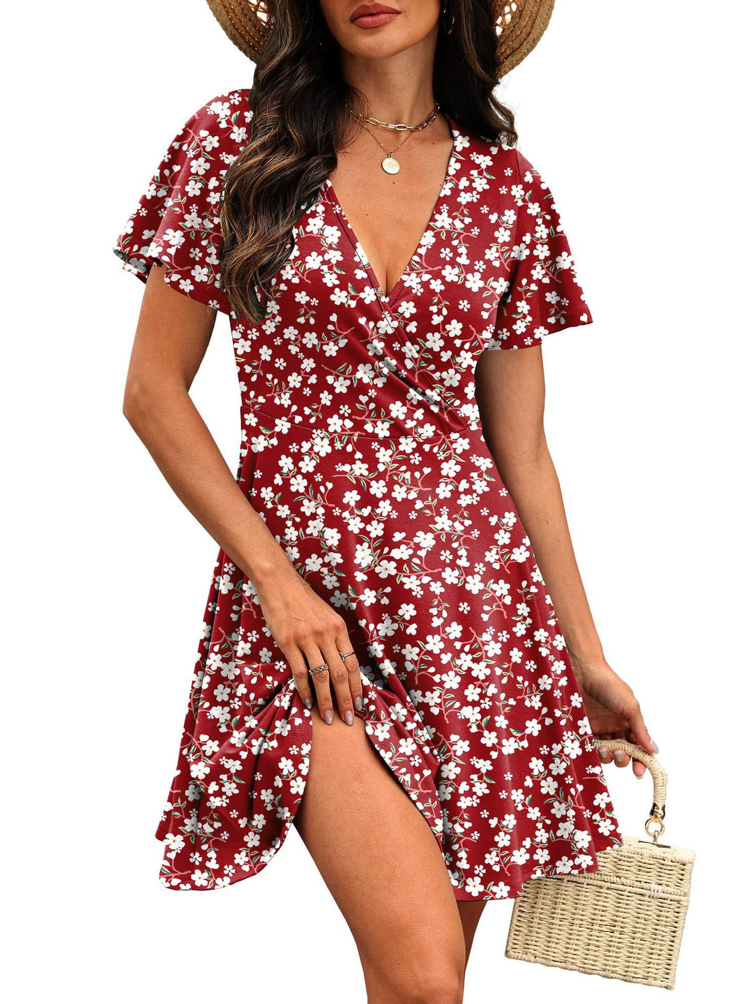 Damen Kurzärmeliges Wickelkleid mit floralen Mustern und V-Ausschnitt EB