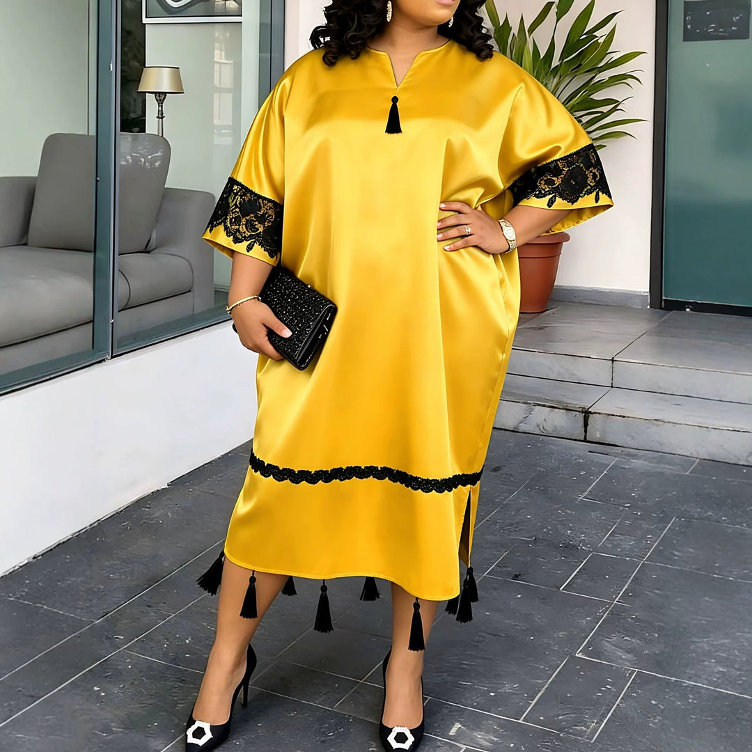 Damen elegantes Kaftankleid mit raffinierten Spitzenärmel und dekorativen Quasten EB