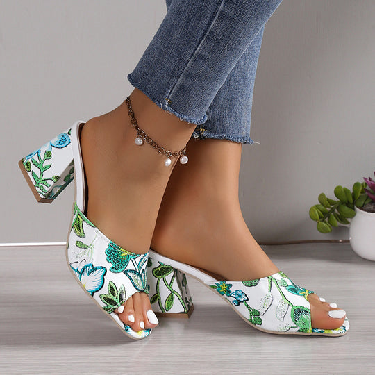 Damen Offene Mules mit floralem Design und komfortablem Blockabsatz EB