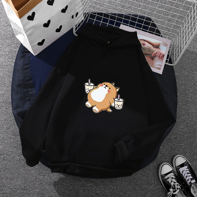 Damen nan niedlicher Kapuzenpullover mit Kängurutasche, oversized Schnitt und Bubble‑Tea Corgi-Print EB