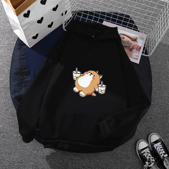 Damen nan niedlicher Kapuzenpullover mit Kängurutasche, oversized Schnitt und Bubble‑Tea Corgi-Print EB